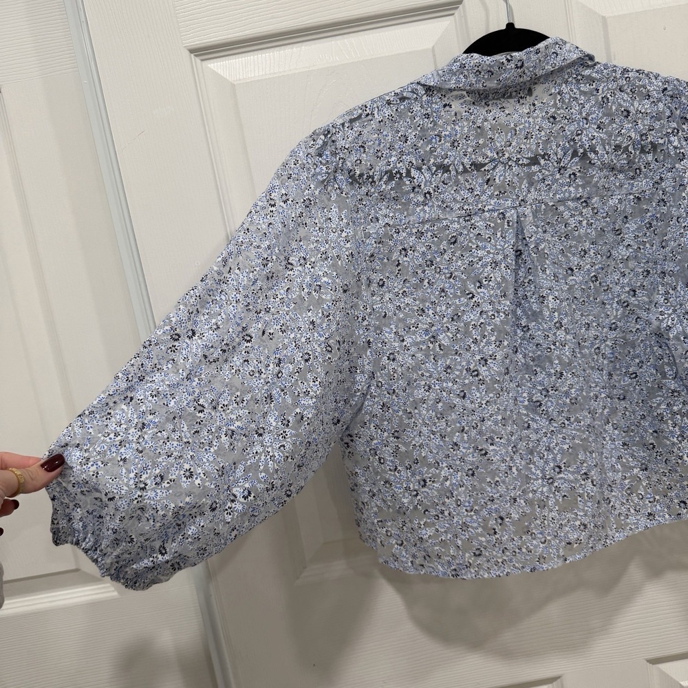 Women's Zara Cropped Sheer Floral Blouse Blue Size Small S - Picture 5 of 8